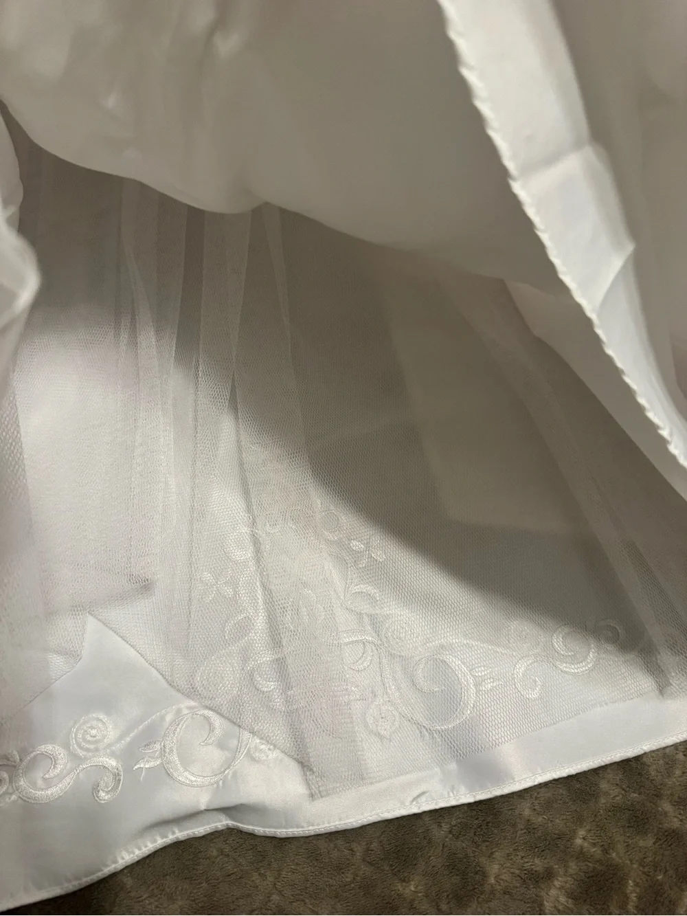 David's Bridal White Satin Flower Girl Dress with Appliqué